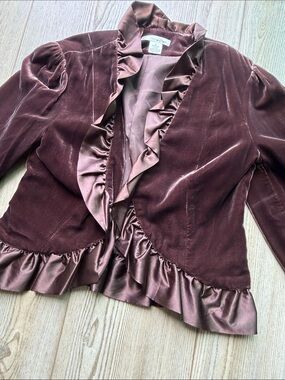 WD.NY Brown Velvet Ruffle-Trim Blazer